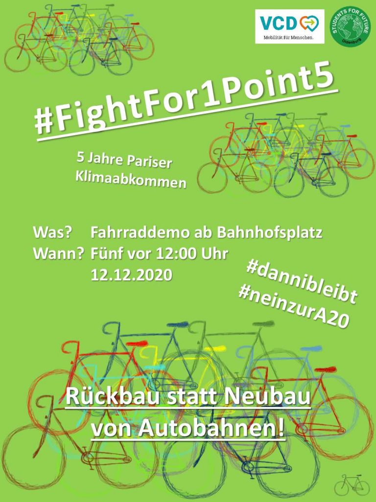 Plakat für die Fahrraddemo - Rückbau statt Neubau von Autobahnen. Oldenburg, Bahnhofvorplatz. Samstag, 12.12.2020, fünf vor 12 Uhr. gezeichnete bunte Fahrräder auf grünem Grund.